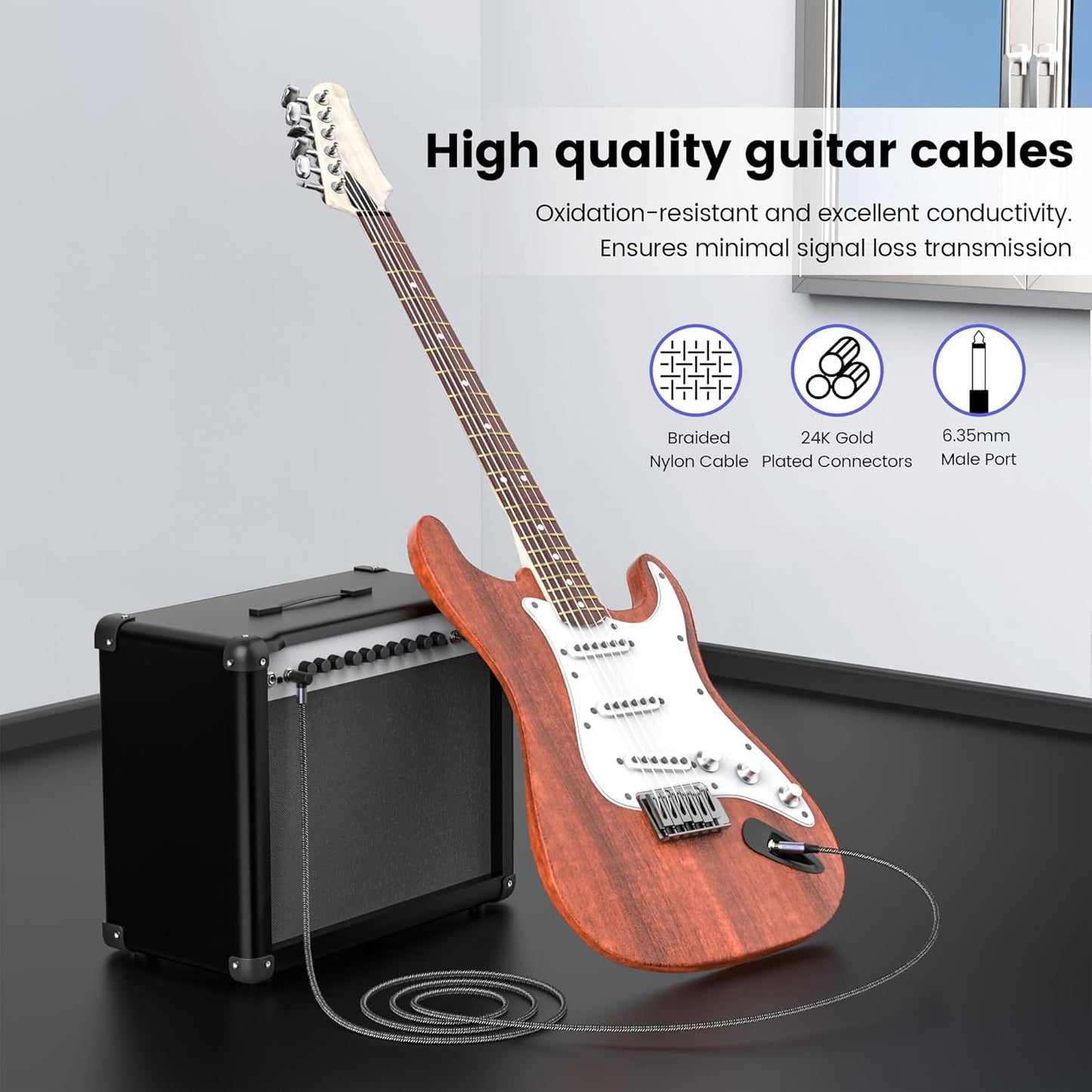 MOSWAG Guitar Cable 10 Ft, 1/4 Inch Right Angle Instrument Cable, Electric Guitar Cord, 1/4 Inch TS Electric Guitar Amp Cord Compatible Bass Guitar, Electric, Bass, Amplifier - PuriLite