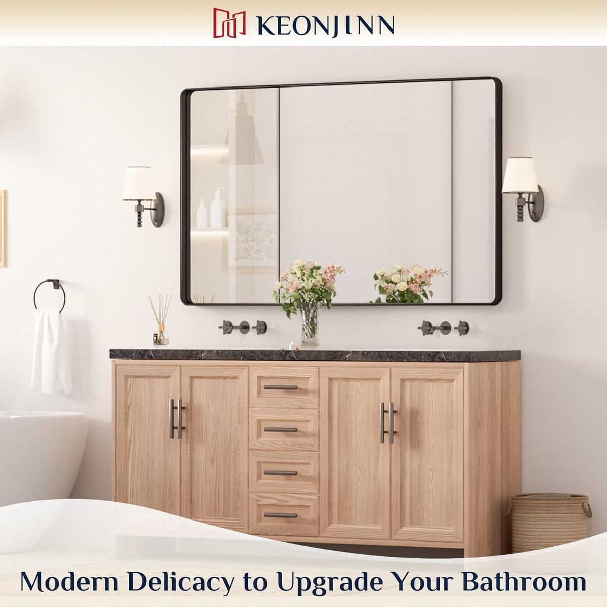 Keonjinn 42 x 36 Brushed Nickel Bathroom Vanity Mirror, Large Rounded Rectangle Bathroom Mirrors for over Sink, Metal Framed Silver Mirror for Wall, Shatterproof HD Tempered Glass(Horizontal/Vertical) - PuriLite