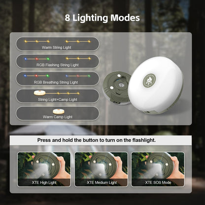 Camping String Lights, 32.8Ft Outdoor String Lights with 8 Lighting Modes,Quick 30s Recovery,Portable and Durable,12H Runtime-Rechargeable Camping Lights for Outdoor Yard Hiking - PuriLite