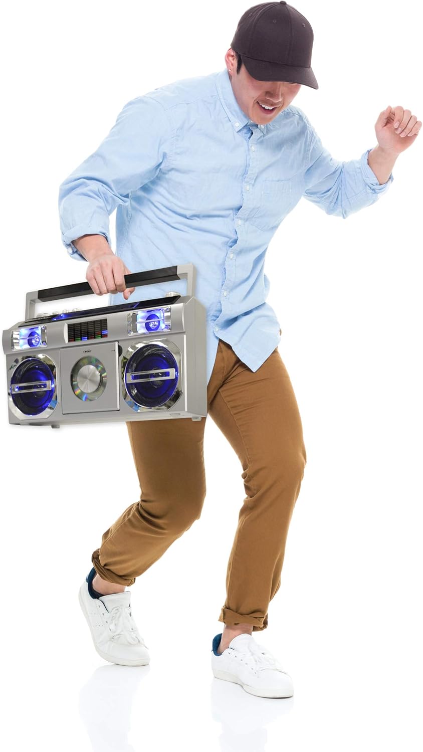 Studebaker SB2145S 80's Retro Street Bluetooth Boombox with FM Radio, CD Player, LED EQ, 10 Watts RMS and AC/DC in Silver - PuriLite