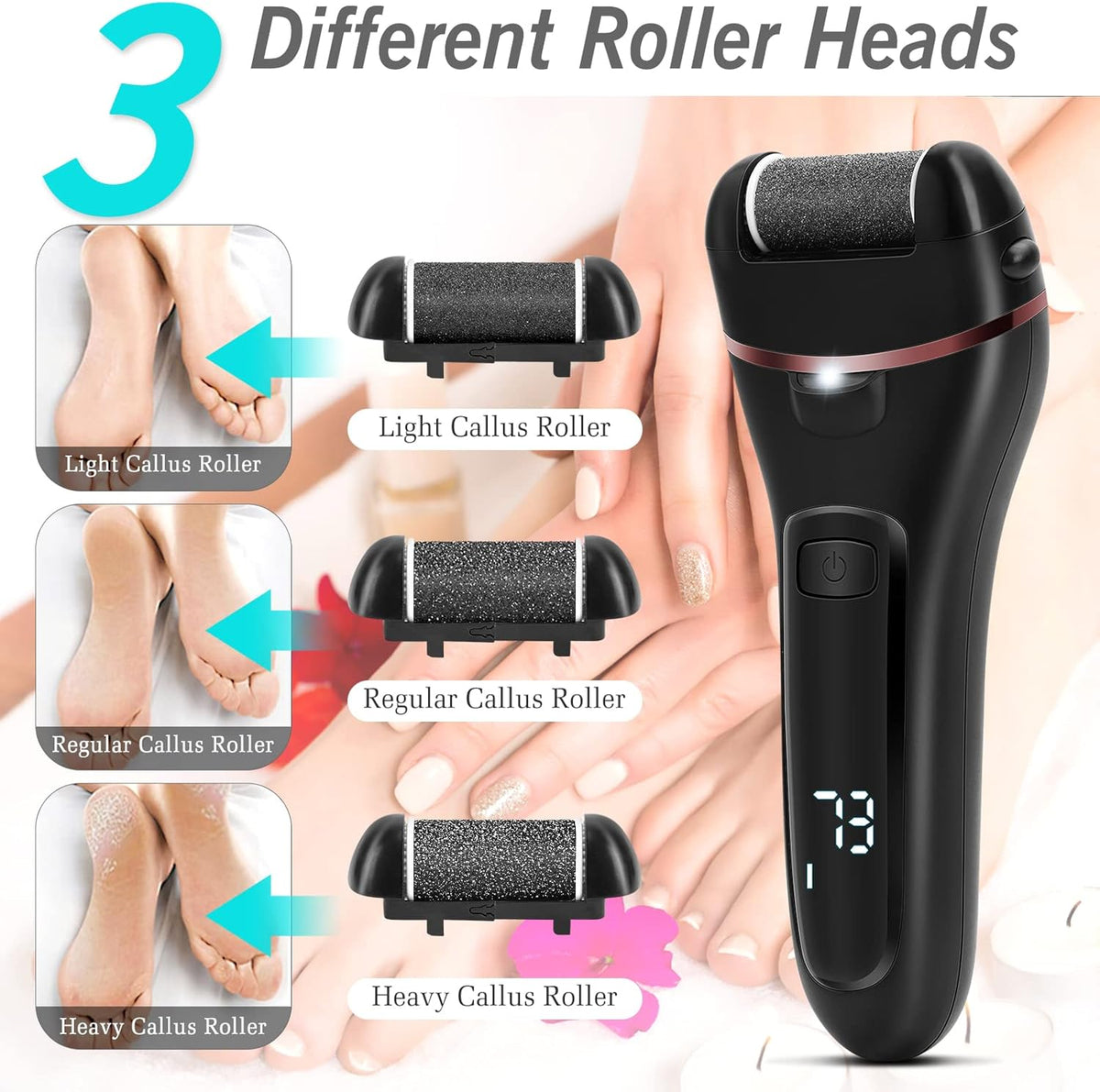 Electric Callus Remover for Feet, 2 Speed Electric Foot File, Rechargeable Foot Scrubber Pedicure kit for Cracked Heels and Dead Skin with 3 Roller Heads. - PuriLite