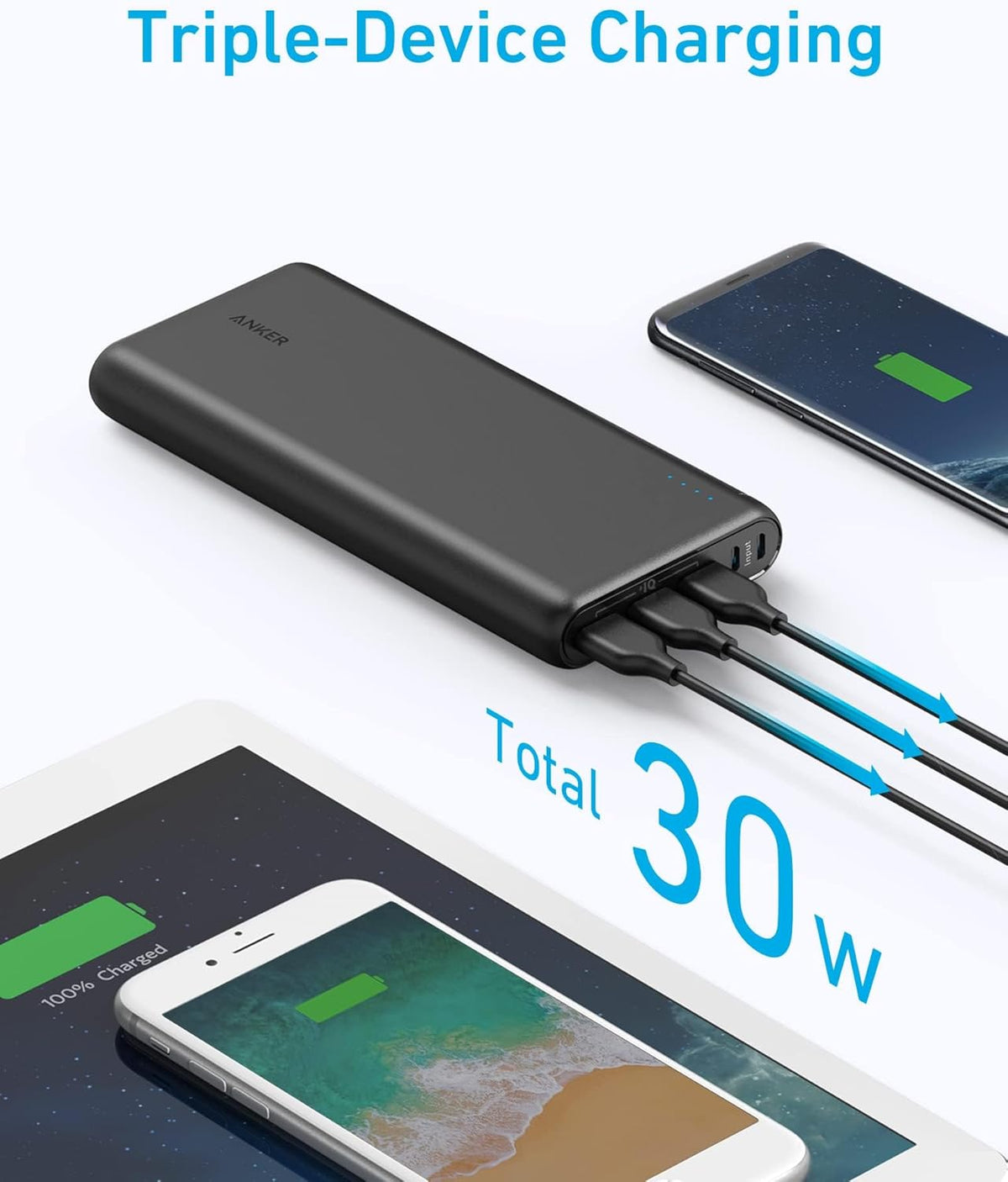 Anker Power Bank, 26,800 mAh External Battery with Dual Input Port and Double-Speed Recharging, 3 USB Ports for iPhone 15/15 Plus/15 Pro/15 Pro Max, iPad, Samsung, Android and Other Devices - PuriLite