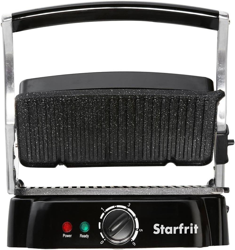 Starfrit The Rock Panini Press - Rock.Tec Non-Stick Reversible Plate - Opens 180 Degrees - Adjustable Temperate Control - PuriLite