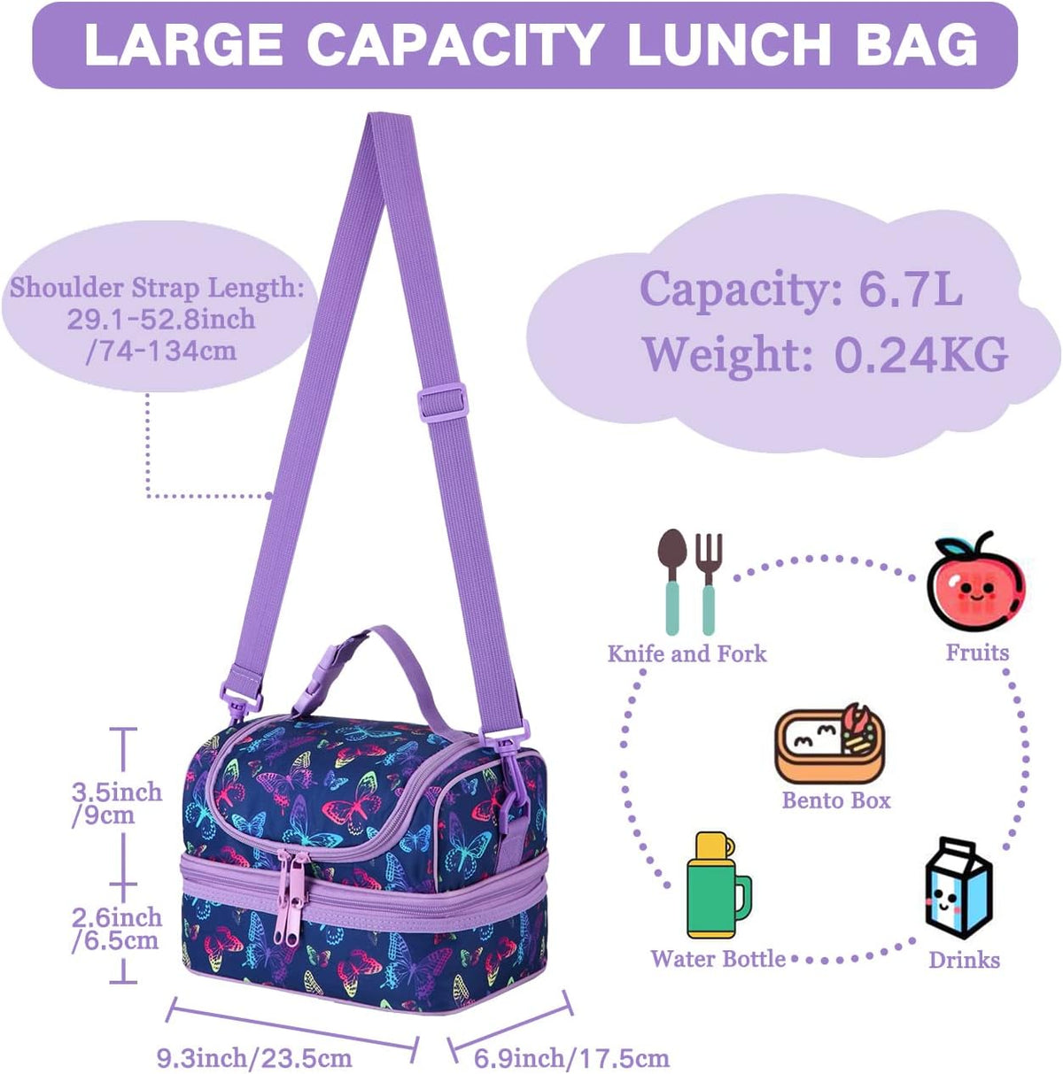 VASCHY Lunch Box Bag Men, Insulated Two Compartments Bento Cooler Bags for Adults/Women/Kids for School,Daycare,Kindergarten,Picnic Black - PuriLite