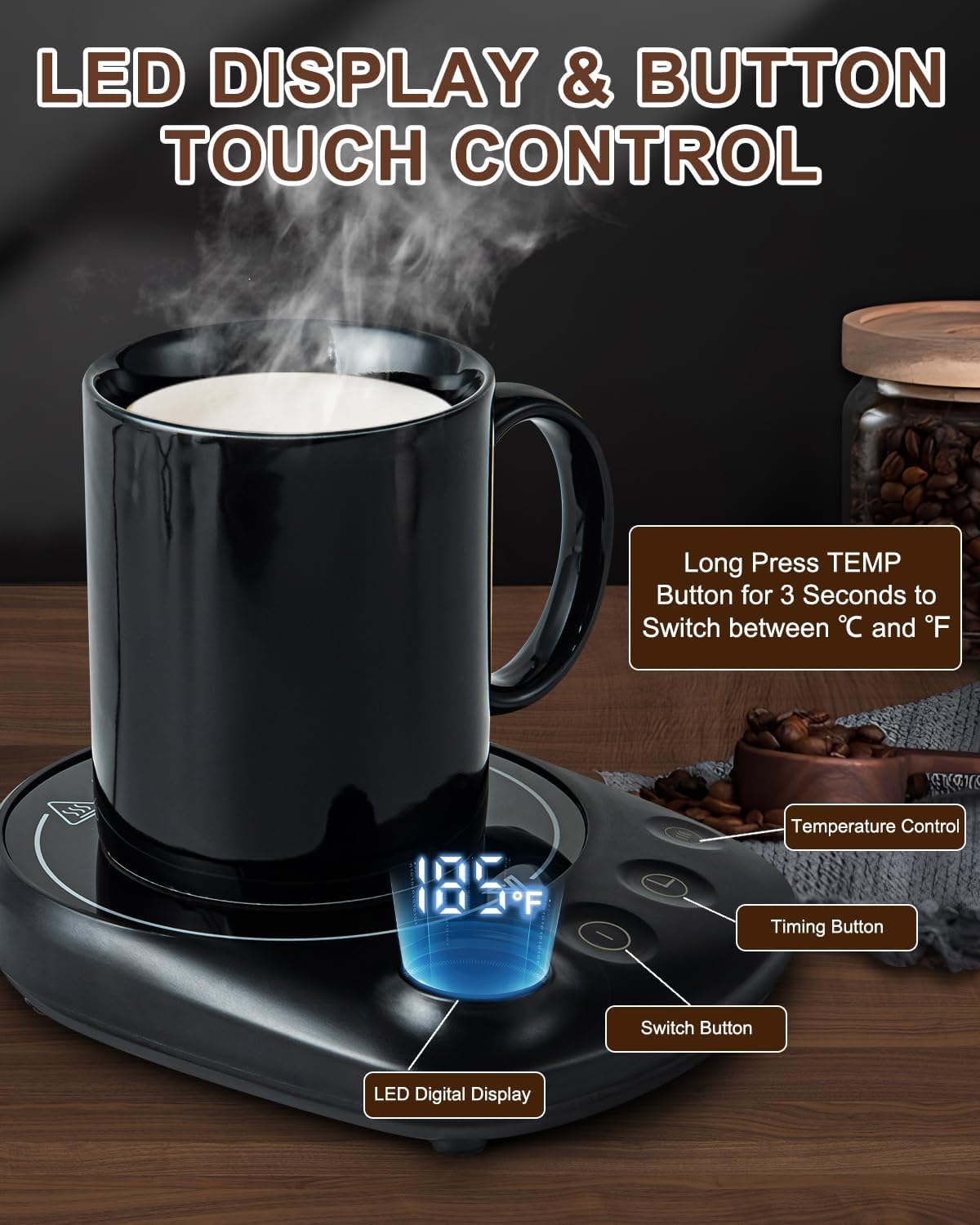 MYMULIKE Mug Warmer, Coffee Mug Warmer for Desk with 4 Temperature Settings (55℃/65℃/75℃/85℃), Coffee Warmer with Auto Shut Off, 1-12 Hour Timer, Desk Accessories for Office/Home - PuriLite
