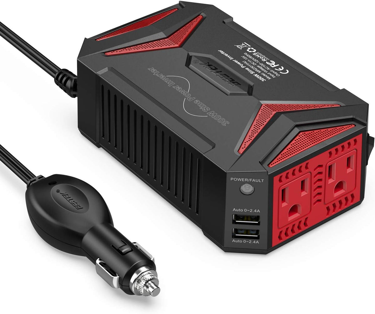BESTEK Power Inverter DC 12V to AC 110V - 300W Car Plug Adapter Outlet with 4.8A Dual USB Fast Charging Port - Car Charger Cigarette Lighter Adapter for Phone, Laptop on Road Trip - Aluminum Housing - PuriLite