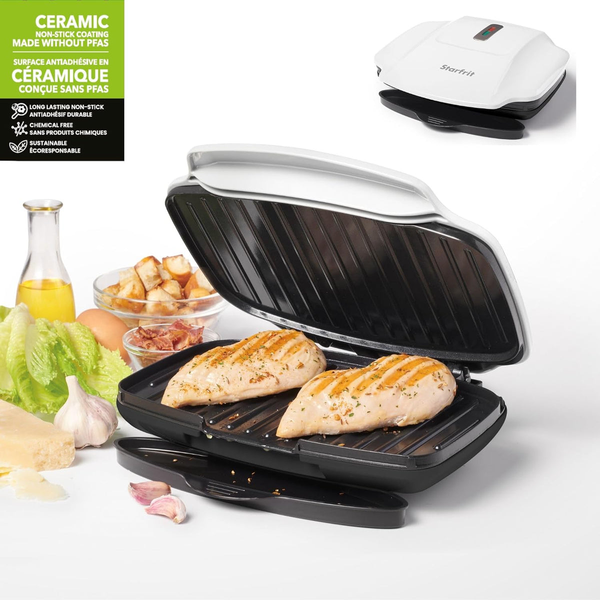 Starfrit Grill And Panini Press With Ceramic Coating - Non-Stick Coating - Removable Fat And Oil Collection - White - PuriLite
