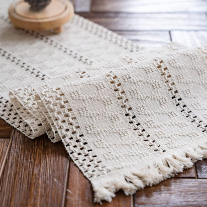 Alynsehom Macrame Table Runner Cream Beige Boho Table Runners with Tassels Hand Woven Cotton Table Runner Rustic Farmhouse Table Runners for Bohemian Kitchen Dining Table(12x95in) - PuriLite
