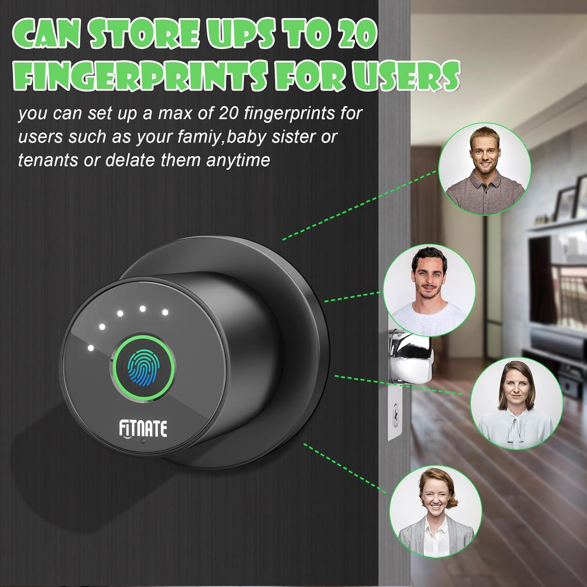 FITNATE Fingerprint Door Knob, Smart Biometric Door Lock with App Control, Keyless Entry Door Knob with Bluetooth Digital Code, Touch to Open Knob for Bedroom,Home,Hotel,Office, Black - PuriLite