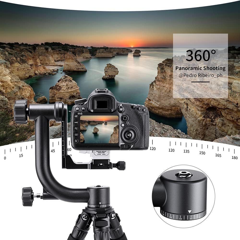 K&F Concept Professional Gimbal Head Heavy Duty Metal 360 Degree Panoramic Tripod Head with Standard 1/4'' Quick Release Plate and Bubble Level for Digital SLR Cameras Up to 20KG/44LBS - PuriLite