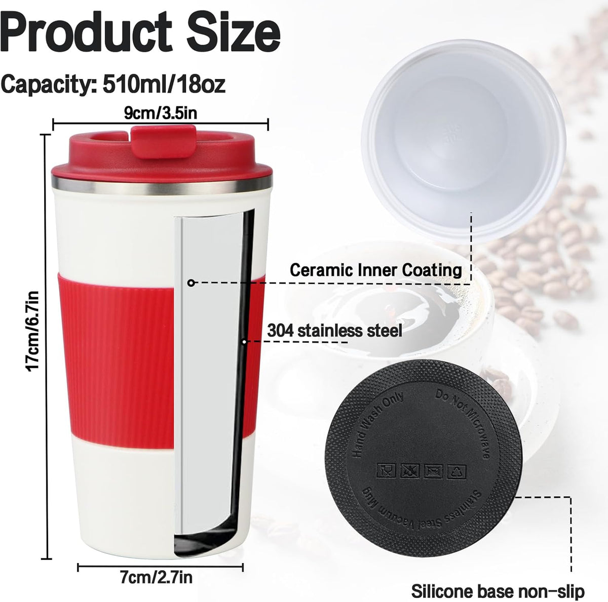 18oz Mug with Ceramic Coating Inside, Insulated Coffee Mug with Lid, Leak Proof Coffee Travel Mug, Travel Coffee Mug Fits in Car Cup Holder - PuriLite