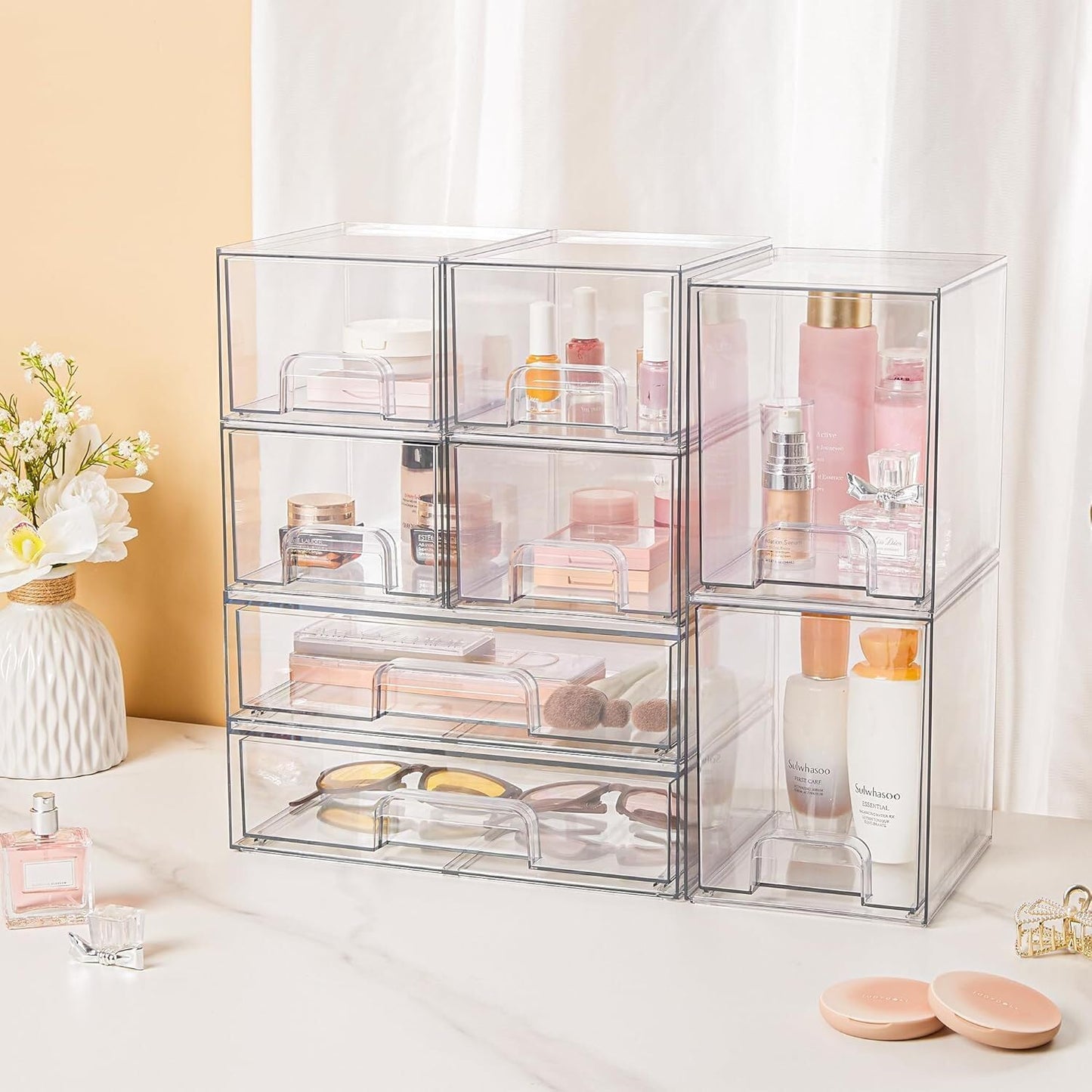 Vtopmart 3 Pack Stackable Clear Plastic Drawer Organizer, Makeup Organizers and Storage for Eyeshadow Palettes, Cosmetics, Beauty Supplies, Ideal for Vanity, Desk, Office, Bathroom Organization - PuriLite