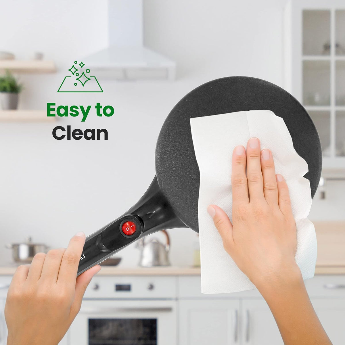 NutriChef Electric Crepe Maker, Cooks Roti, Tortillas, Pancakes, Nonstick Cooktop, 8-inch Cook Area On/Off Switch, Automatic Temperature Control & Cool Touch Handle, Includes Food Bowl, Whisk, Spatula - PuriLite