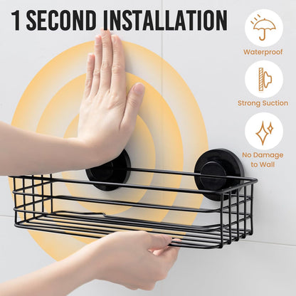 LEVERLOC Shower Caddy Suction Cup, 2 Pack Black Shower Shelf with Hooks and Soap Holder, NO-Drilling Bathroom Organizer, Rustproof Metal Bathroom Storage and Organization - PuriLite