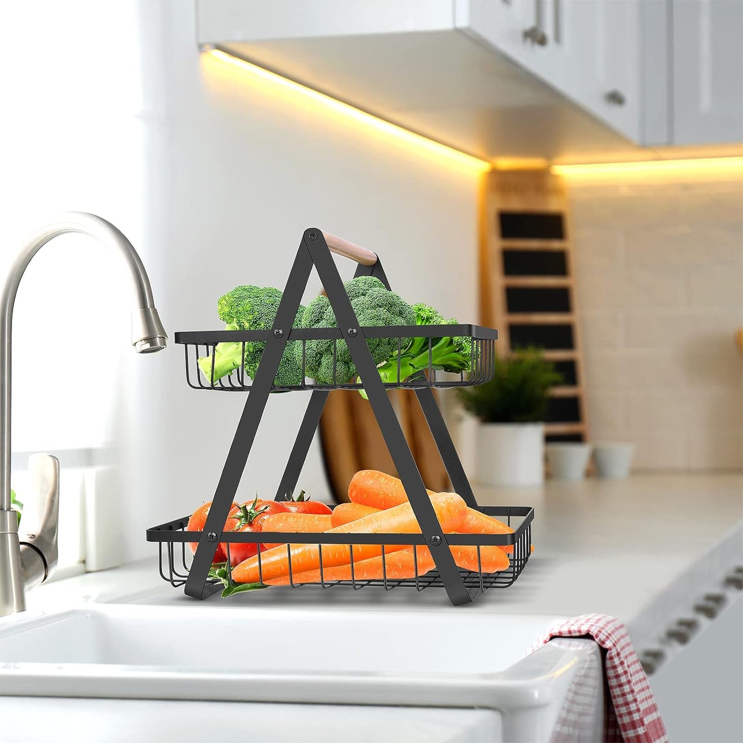 2 Tier Countertop Fruit Basket,Portable Fruit Bowle Basket for Kitchen Organizer Storage & Dining Room Fruits Vegetable Bread Snacks,MAHUEEOL Detachable Metal Rectangle Basket Storage - PuriLite