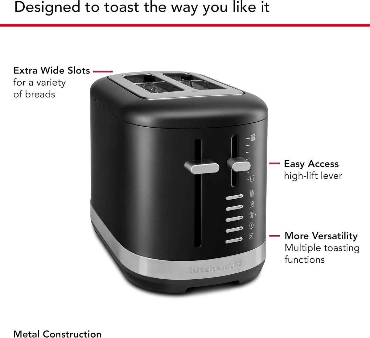 2 Slice Metal Toaster Extra Wide Slots for bagels and english muffins, Wide Range of toasting shades, removable crumb tray, Model KMT2109BM