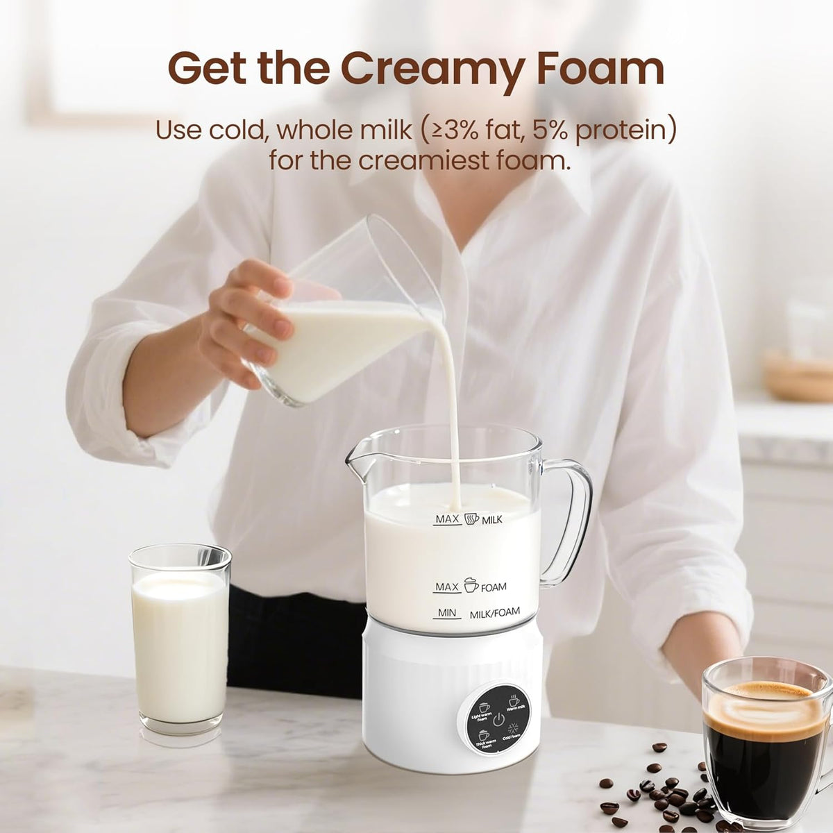 Casimhu 4-in-1 Milk Frother, Electric Milk Frother and Steamer with LED Touch Screen, Non-stick Bottom, Milk Warmer 13.52oz for Lattes, Cappuccinos, and Macchiatos at Home, White - PuriLite