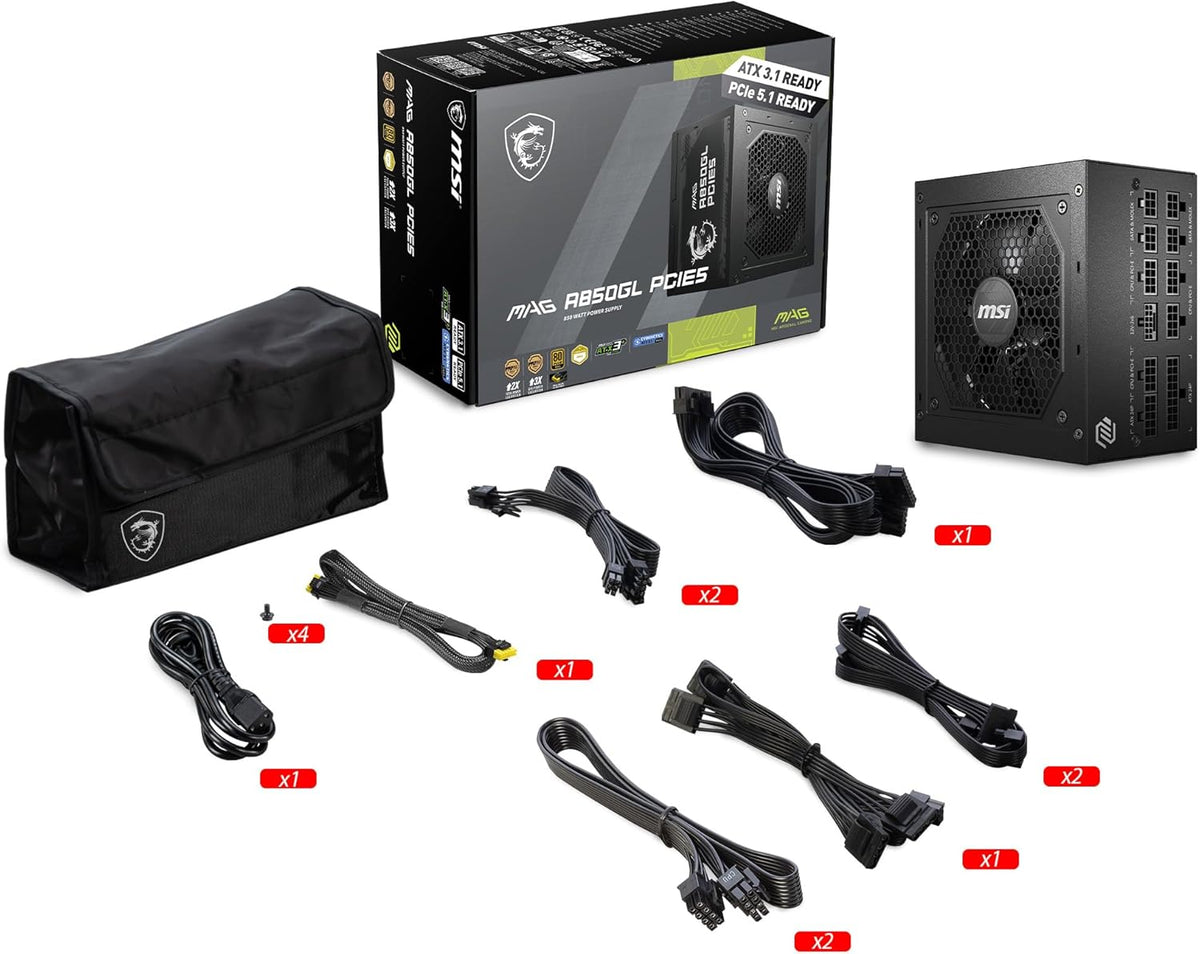 MSI MAG A750GL PCIE 5 Gaming Power Supply - Full Modular - 80 Plus Gold Certified 750W - Compact Size - ATX PSU - PuriLite
