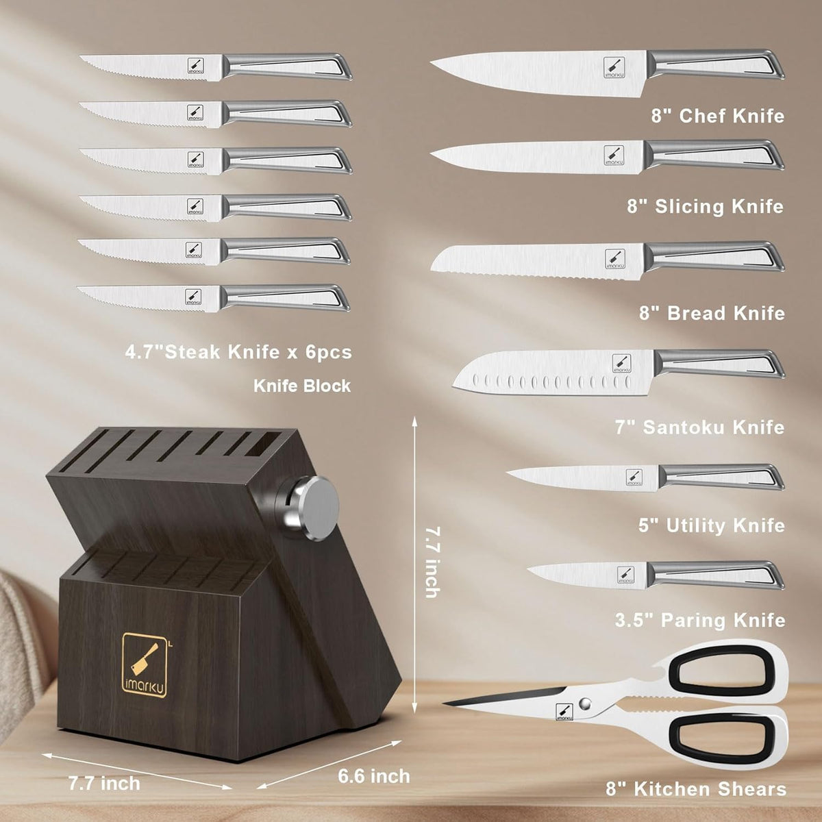 Knife Sets for Kitchen with Block imarku Japanese Knife Set Stainless Steel Kitchen with Block 14pcs, Built-in Sharpener, Sharp Knife Block Set with Non-Slip Ergonomic Handles - Dishwasher Safe - PuriLite