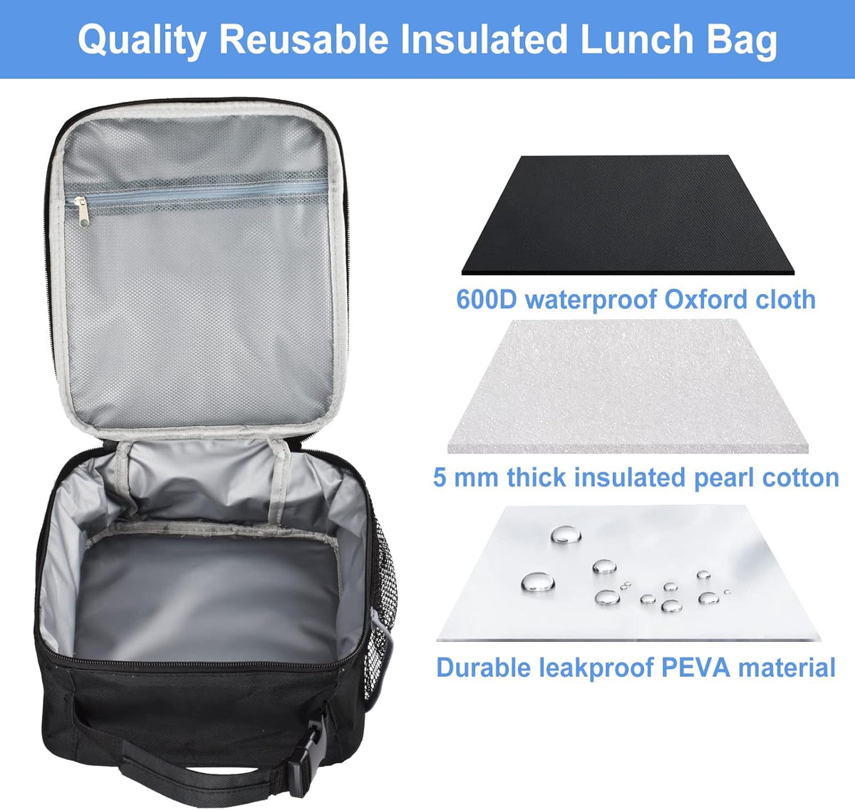 Insulated Lunch Bag, Leakproof Portable Lunch Box for Women Men Boys Girls, Large Capacity Cooler Bag with Handle and Bottle Pocket for Office School Camping Hiking Outdoor Beach Picnic (Black) - PuriLite