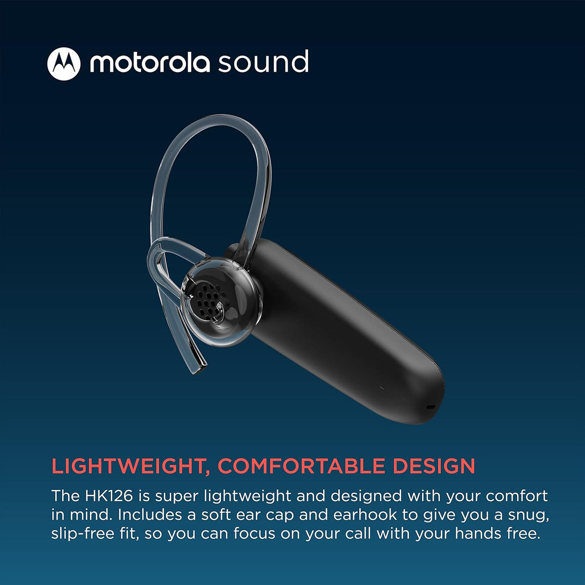 Motorola Bluetooth Earpiece - HK126 in-Ear Wireless Mono Headset for Clear Voice Calls - Lightweight, Comfortable Design - 8-Hour Talk Time, Voice Assistant Compatible, Connects to 2 Devices - PuriLite