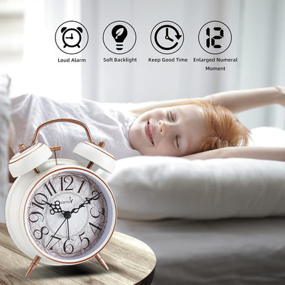 FLOITTUY Loud Alarm for Deep Sleepers 4'' Retro Twin Bell Alarm Clock with Backlight for Bedroom and Home Decoration(Retro White) - PuriLite
