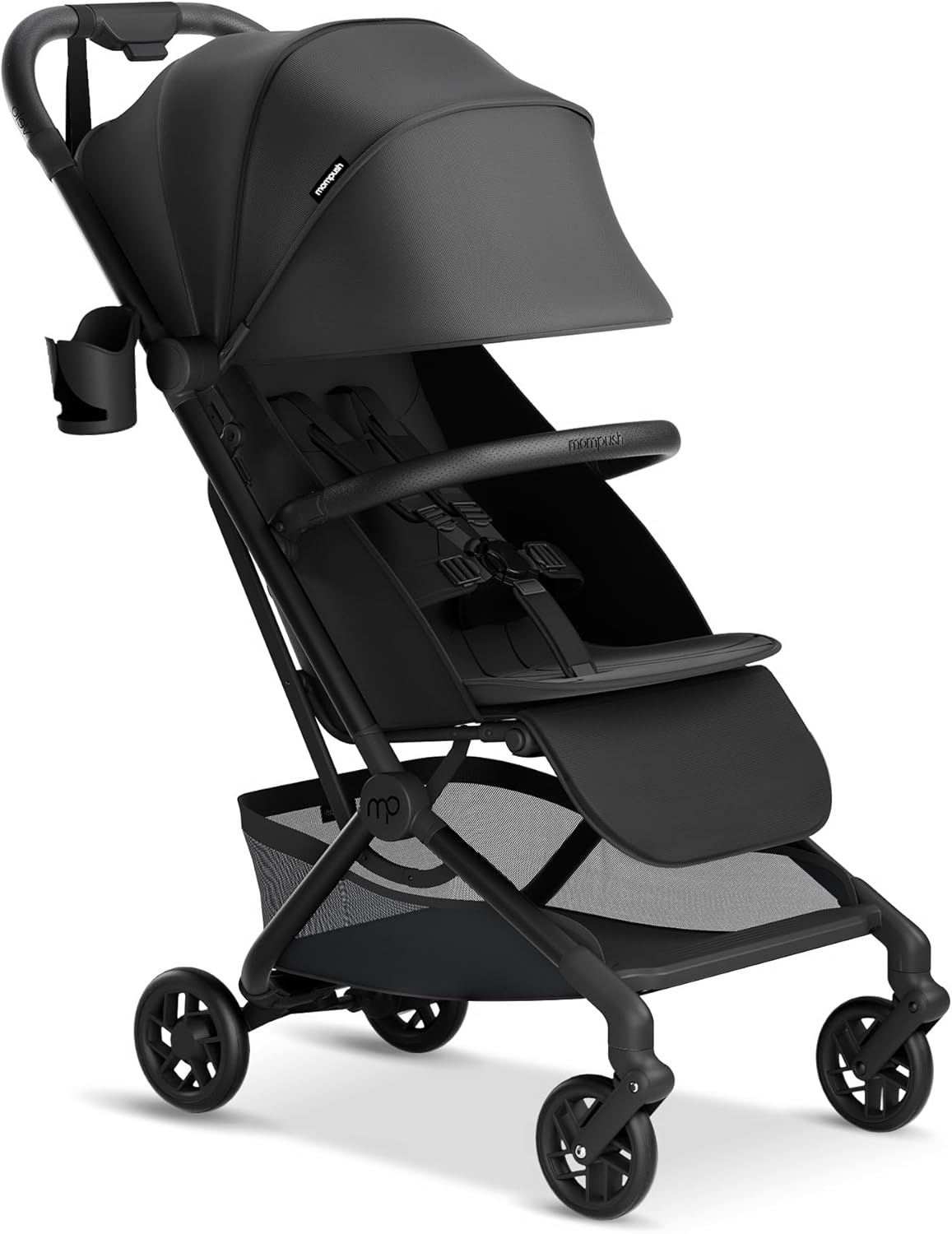Mompush Velo Lightweight Travel Stroller – One-Hand Fold, Ultra-Compact & Airplane Friendly, Lie-Flat Recline Seat (from Birth to 50 lbs), Includes Cup Holder, Shoulder Strap, and Leather Bumper Bar - PuriLite
