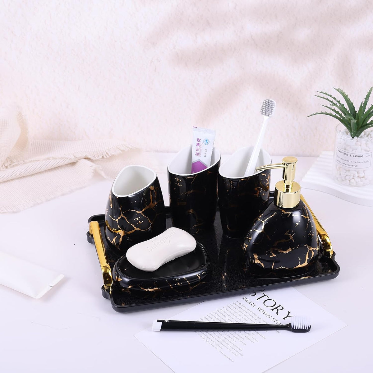 White Bathroom Accessories Set,Modern Countertop Bathroom Decor,Luxury 6 Piece Bathroom Accessory Set,Complete with Soap Dispenser,Toothbrush Holder,Tumbler,Tray - PuriLite
