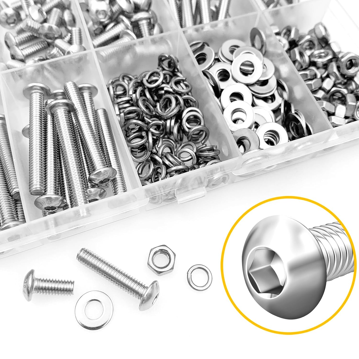 Mywish 900Pcs Metric Screw Assortment, M3 M4 M5 M6 Screw Assortment Kit 304 Stainless Steel Hex Socket Button Head Socket Cap Metric Screws Bolts & Flat Washers/Nuts/Hex Wrenches 16 Sizes 8MM to 20MM - PuriLite