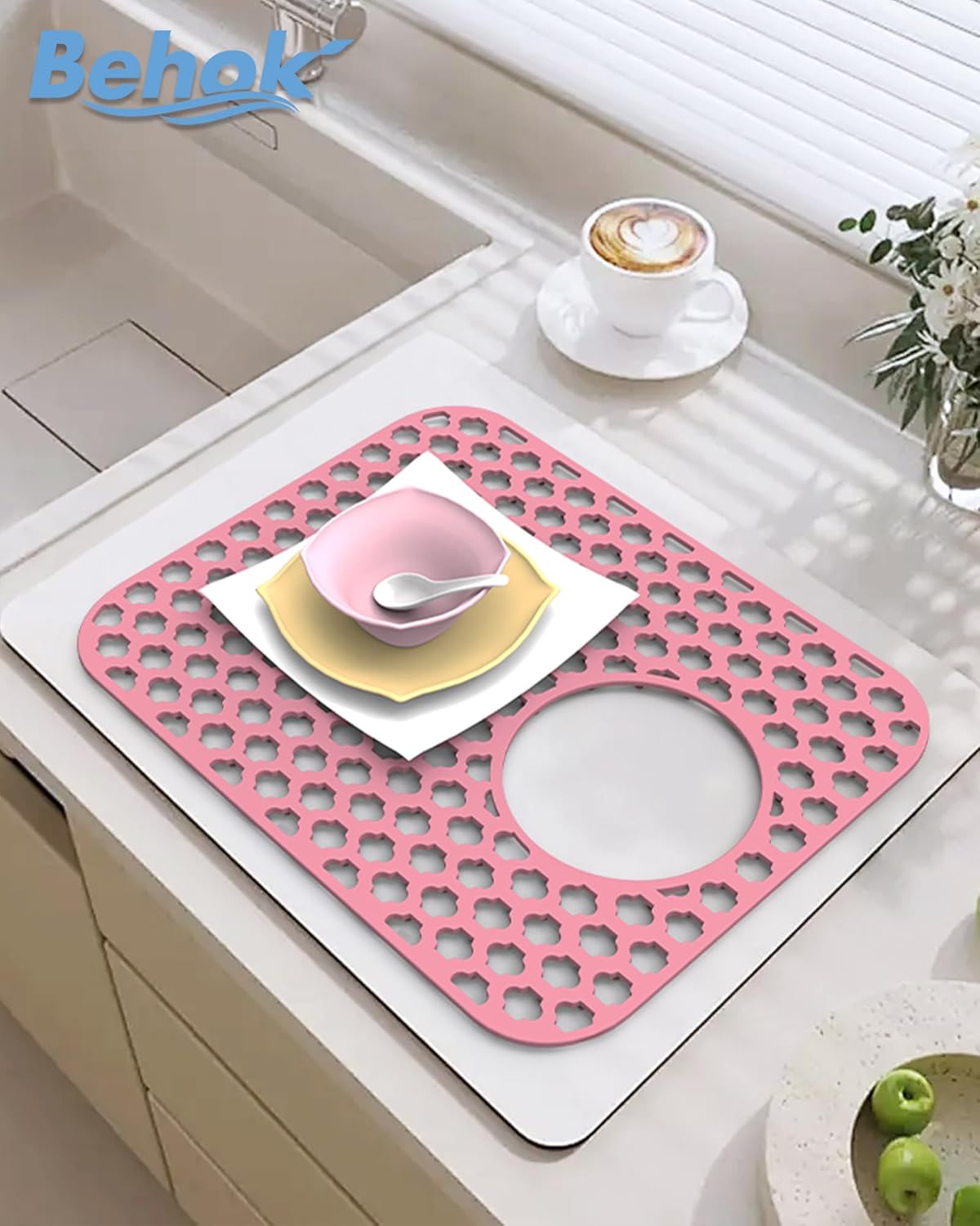 BEHOK 2 Pack Silicone Sink Protector for Kitchen Sink Bathroom Sink 13.58"x 11.6" Sink Mat, Non-Slip and Durable Silicone Sink Grid, Rear Drain (Gray) - PuriLite