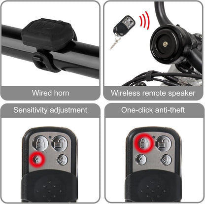 Waterproof Bike Alarm Horn w/Remote Controller - Eco-Friendly, USB Rechargeable, Anti-Theft & Vibration Alarm for e-Bike, MTB, Road Bikes, Scooters - PuriLite