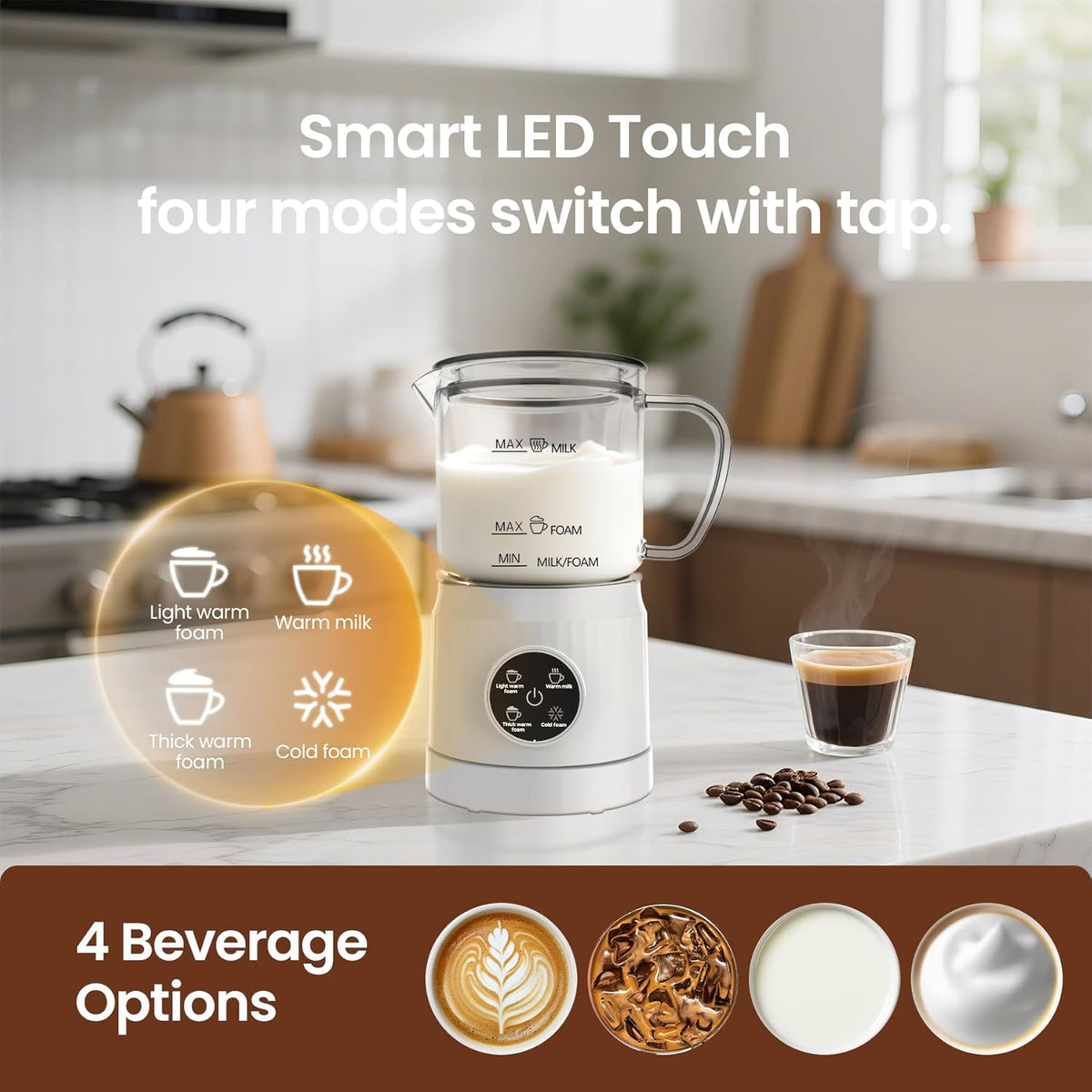Casimhu 4-in-1 Milk Frother, Electric Milk Frother and Steamer with LED Touch Screen, Non-stick Bottom, Milk Warmer 13.52oz for Lattes, Cappuccinos, and Macchiatos at Home, White - PuriLite