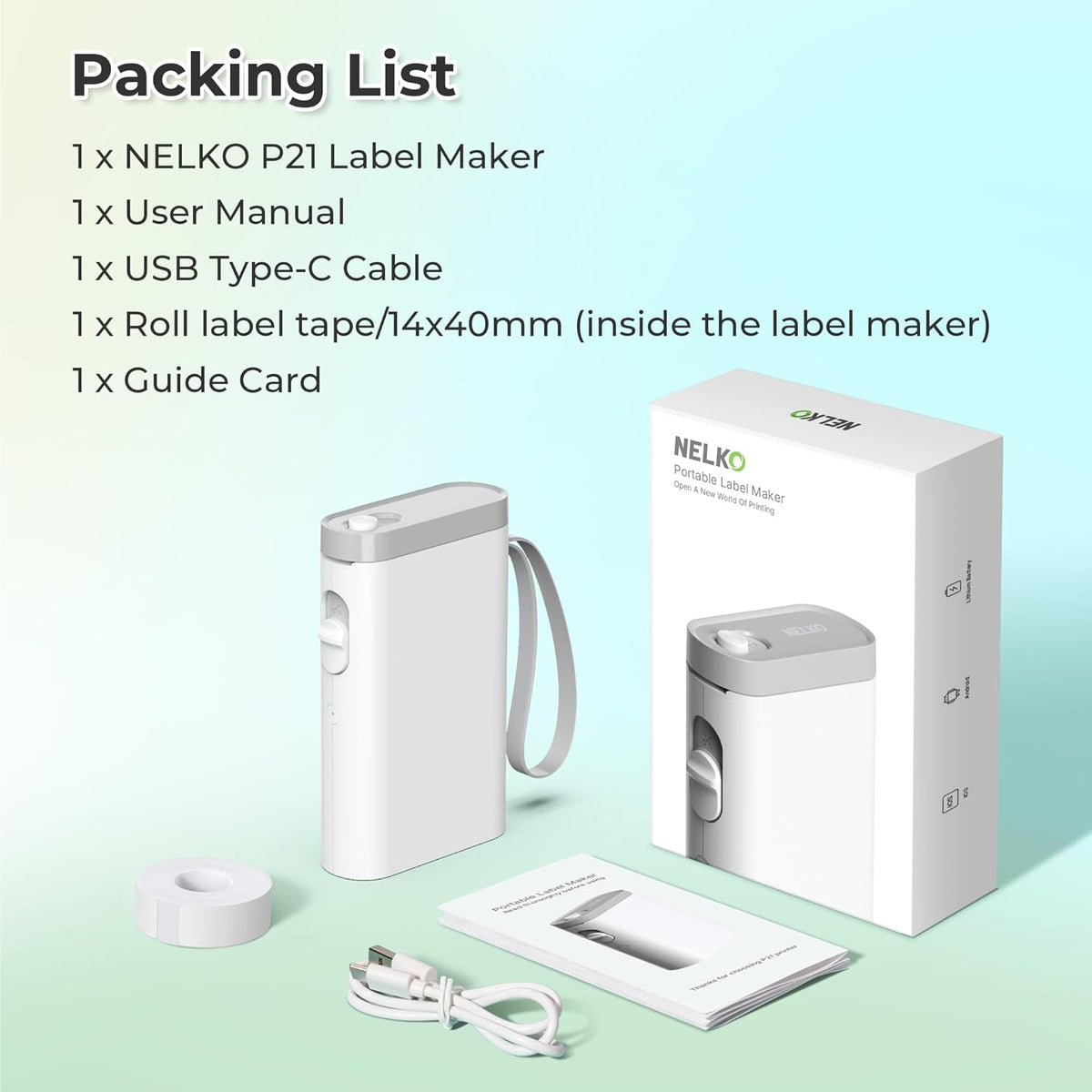 Nelko Label Maker Machine with Tape, P21 Portable Bluetooth Label Printer, Wireless Built-in Cutter Sticker Maker Mini Label Makers with Multiple Templates for School Organizing Office Home, White - PuriLite