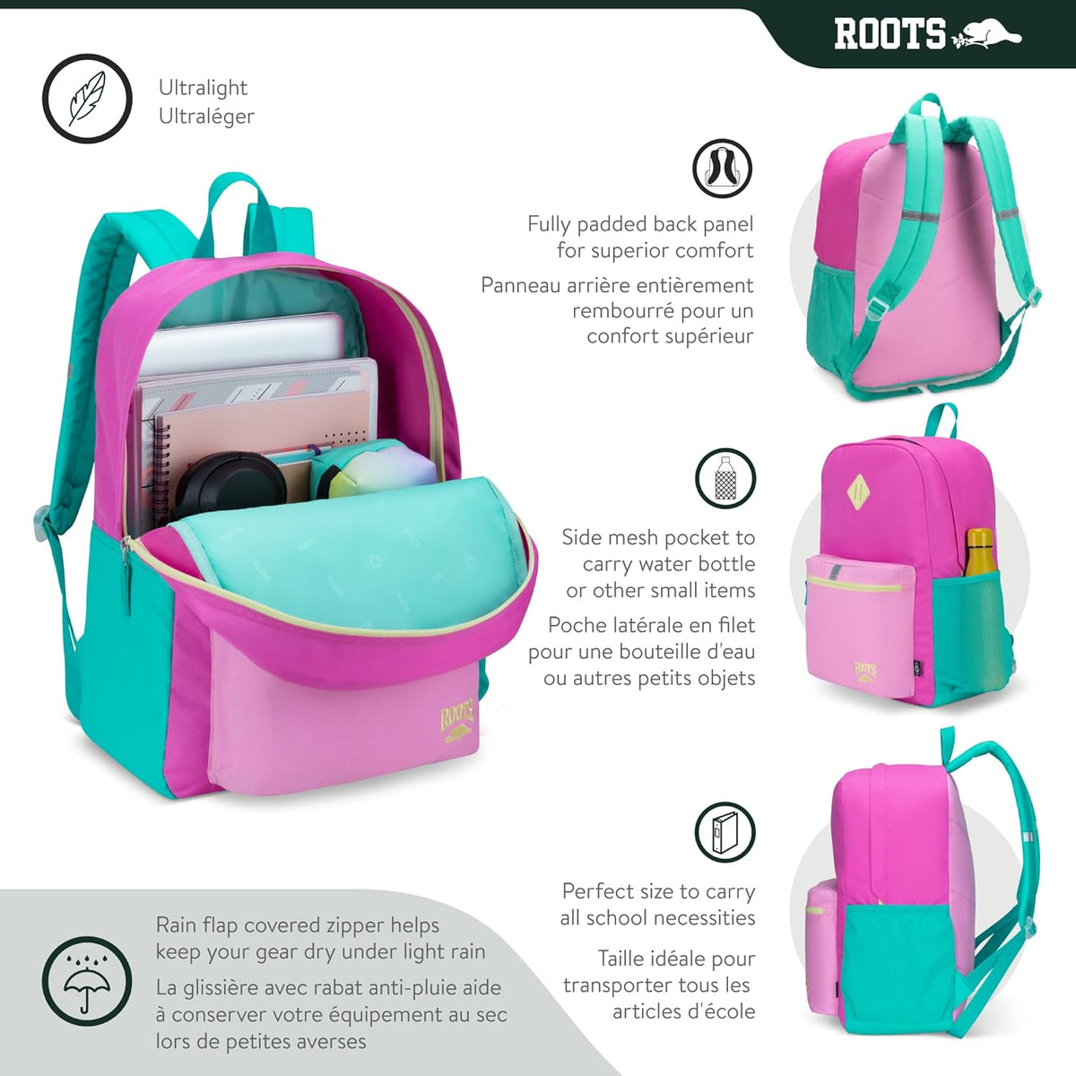 Roots Teen Lightweight Backpack — Made from Recycled Polyester with 15.6" Laptop Compartment, Rain Flap, Bottle Pocket, Reflective Accent, and Back Padding — 34L, Black - PuriLite