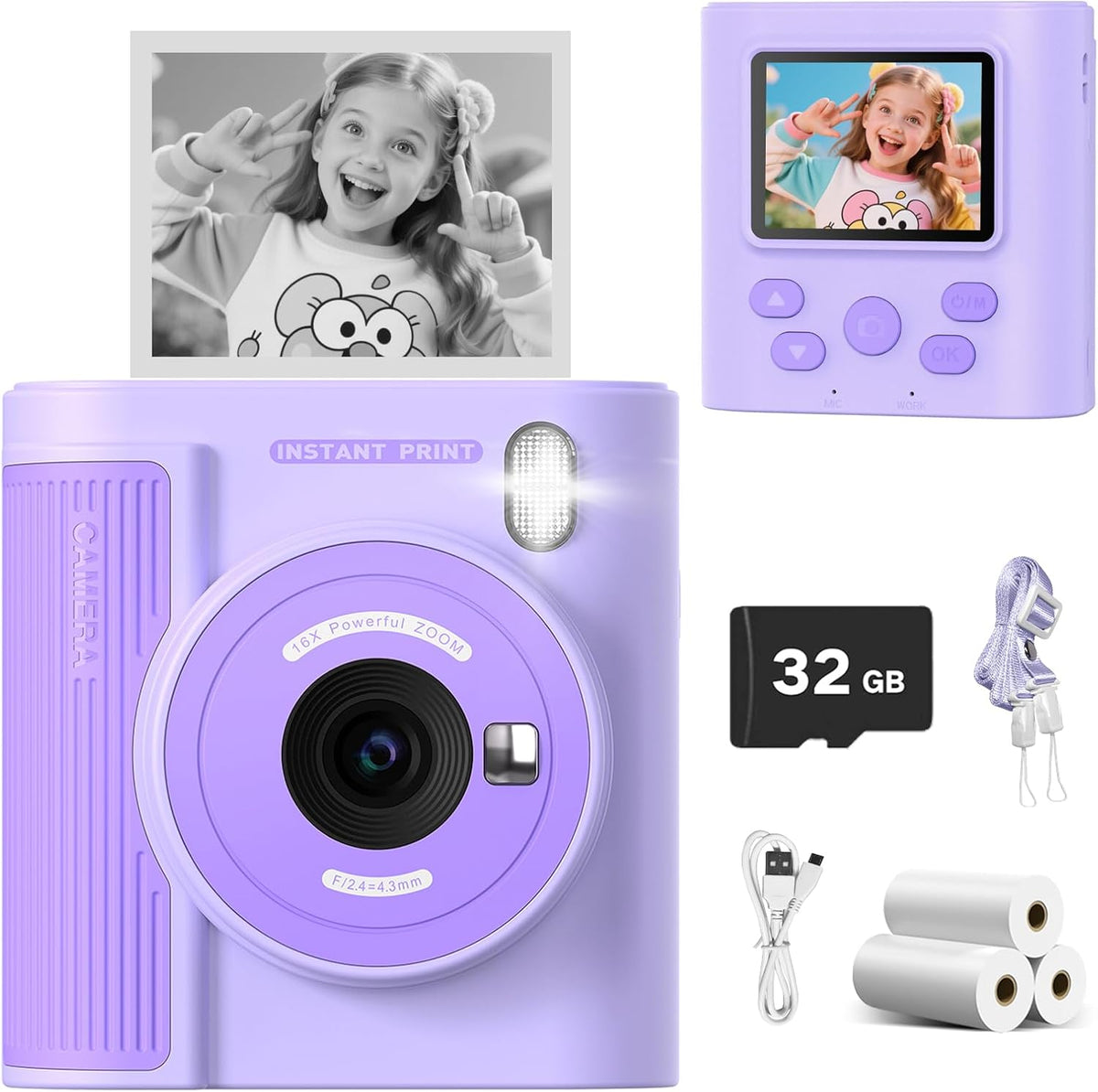 Mgaolo Kids Camera with Instant Print, Thermal Printing Digital Camera Gift for 3-12 Years Old Children, Safe Ink-Free Design, Toy for Creativity & Learning (Black) - PuriLite
