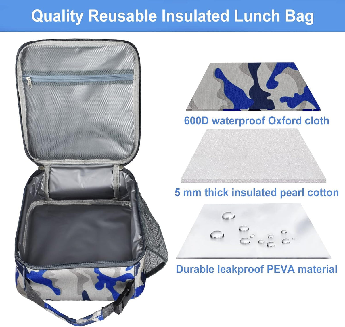 Insulated Lunch Bag, Leakproof Portable Lunch Box for Women Men Boys Girls, Large Capacity Cooler Bag with Handle and Bottle Pocket for Office School Camping Hiking Outdoor Beach Picnic (Black) - PuriLite