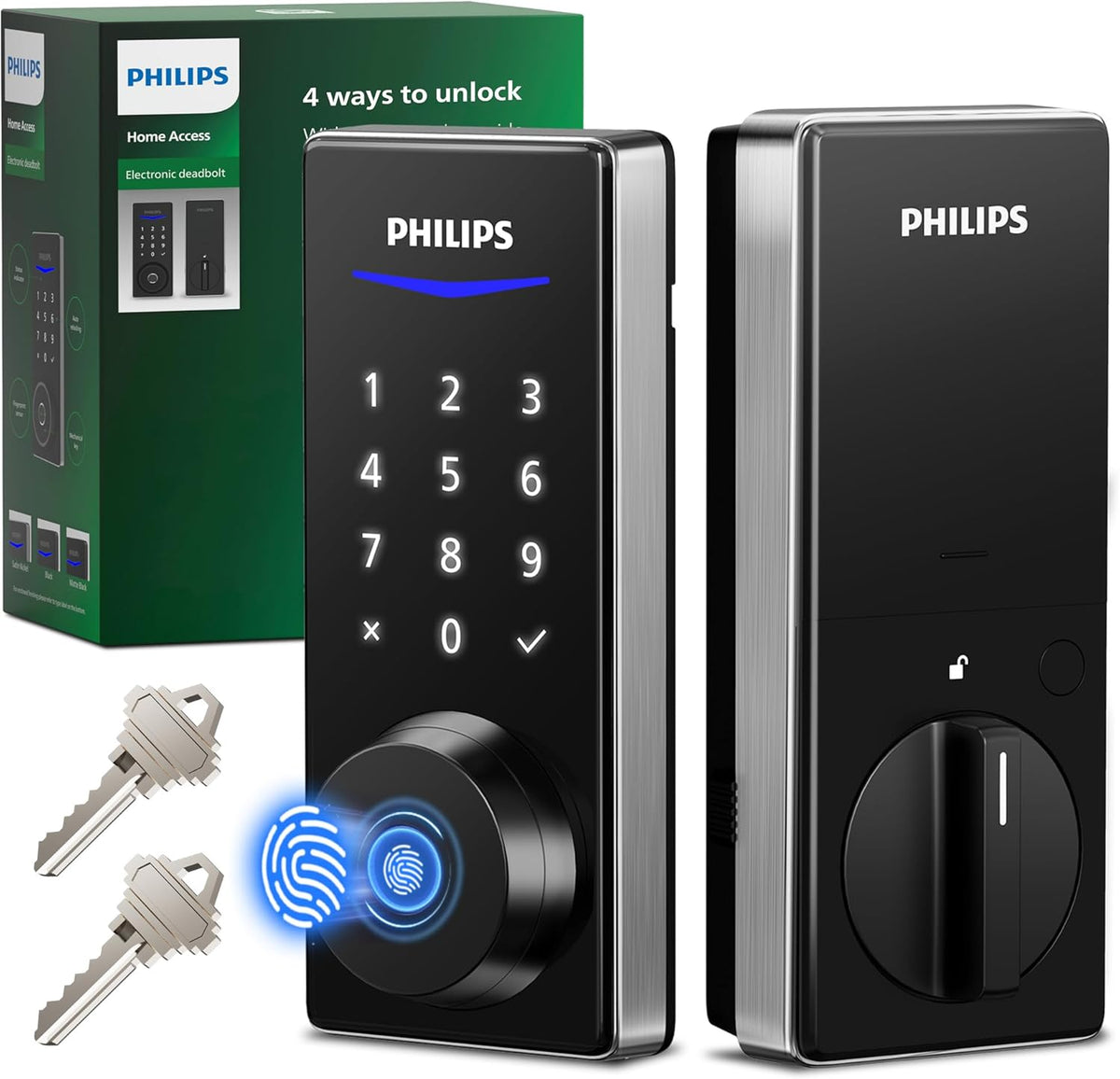 Philips Fingerprint Keyless Entry Door Lock, Electronic Door Lock with Touchscreen, Long-Lasting Battery, Auto Locking, One-Time Code, Keypad Deadbolt, One-Touch Locking, Matte Black - PuriLite
