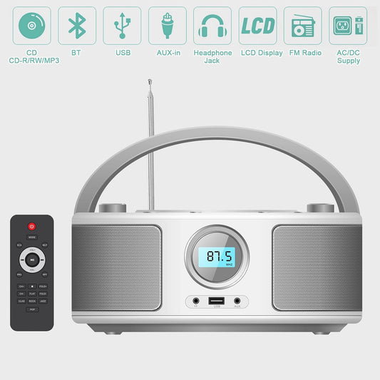 Portable CD Player Boombox with Bluetooth,FM Radio Stereo,USB MP3 Playback,CD-R/CD-RW/MP3-CD Compatible,3.5mm Headphone Jack, AC/Battery Powered, Programmable CD Player - PuriLite