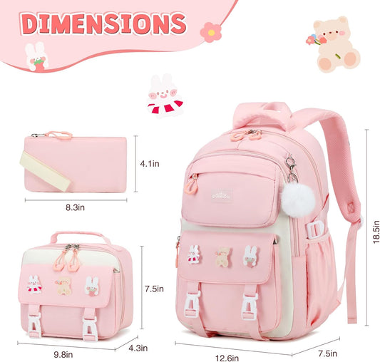 DIGOBAY Girls Backpack, School Backpack for Girls with Lunch Box Pencil Case Set for Teen Kids Girl Elementary Primary Middle High College School Bookbag with Cute Pins Pink - PuriLite
