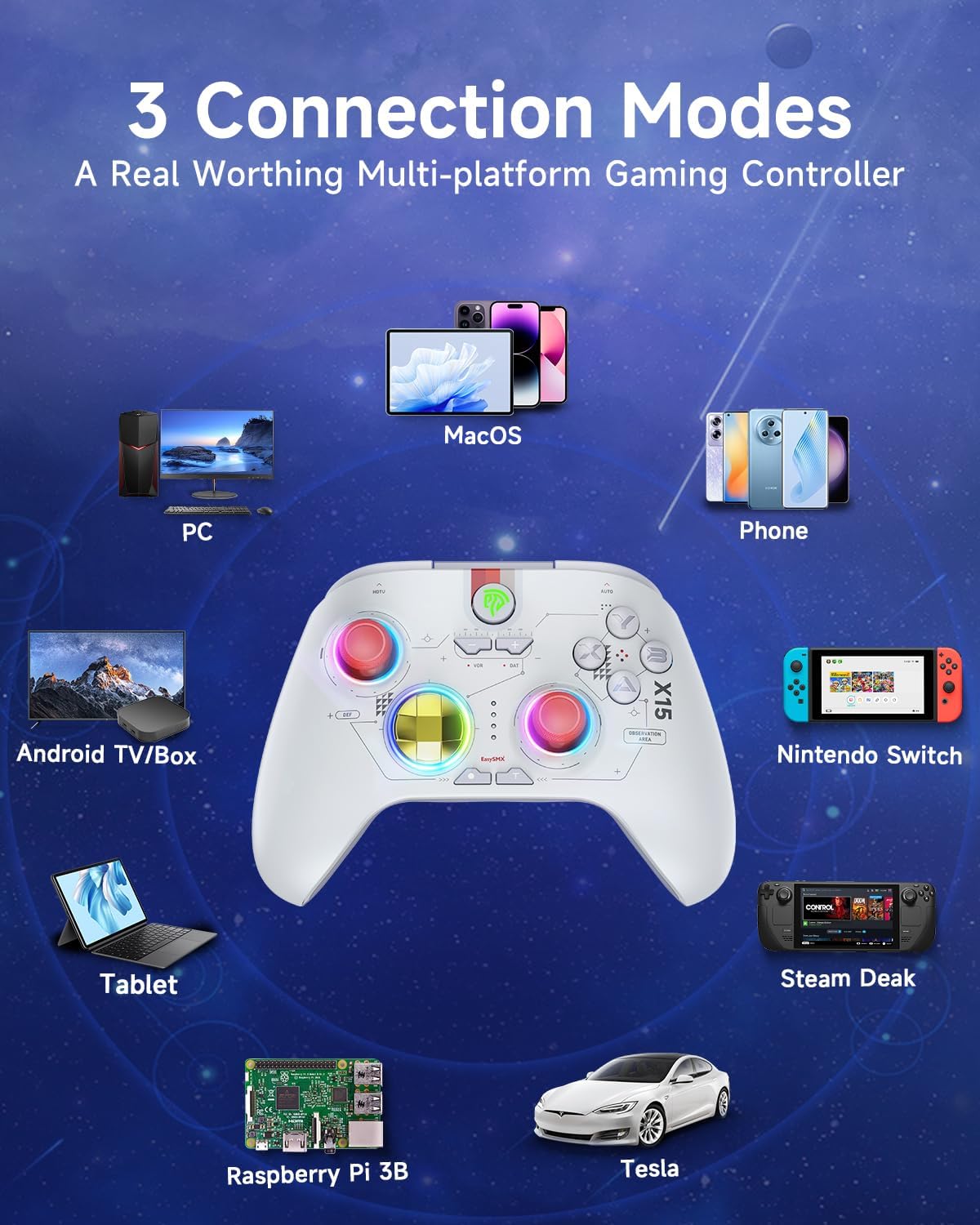 EasySMX X15 PC Controller - Enhanced Wireless Bluetooth Controller with Hall Joysticks/Hall Triggers/RGB Lighting - No Stick Drift, No Dead Zone - Work for Windows PC, Android, Steam and Switch - PuriLite