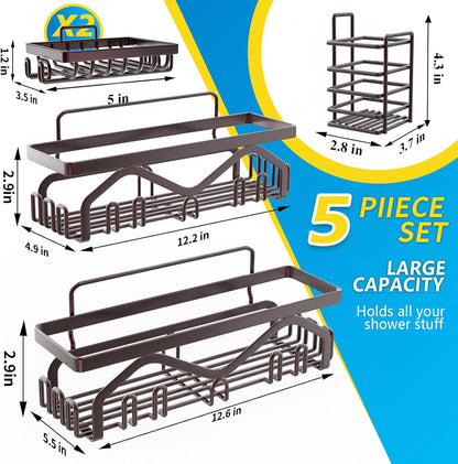 Coraje Adhesive Shower Caddy, 5-Pack Shower Shelves, Large Capacity Load Bearing 40 LBS Shower Organizer, No Drilling Shower Shelf, Rustproof Stainless Steel Bathroom Shower Storage, Black - PuriLite