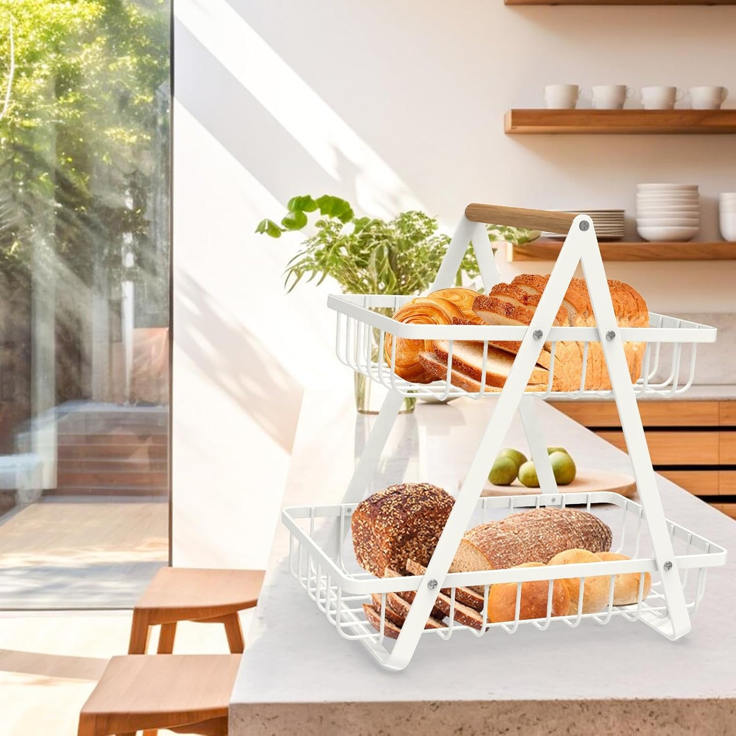 2 Tier Countertop Fruit Basket,Portable Fruit Bowle Basket for Kitchen Organizer Storage & Dining Room Fruits Vegetable Bread Snacks,MAHUEEOL Detachable Metal Rectangle Basket Storage - PuriLite