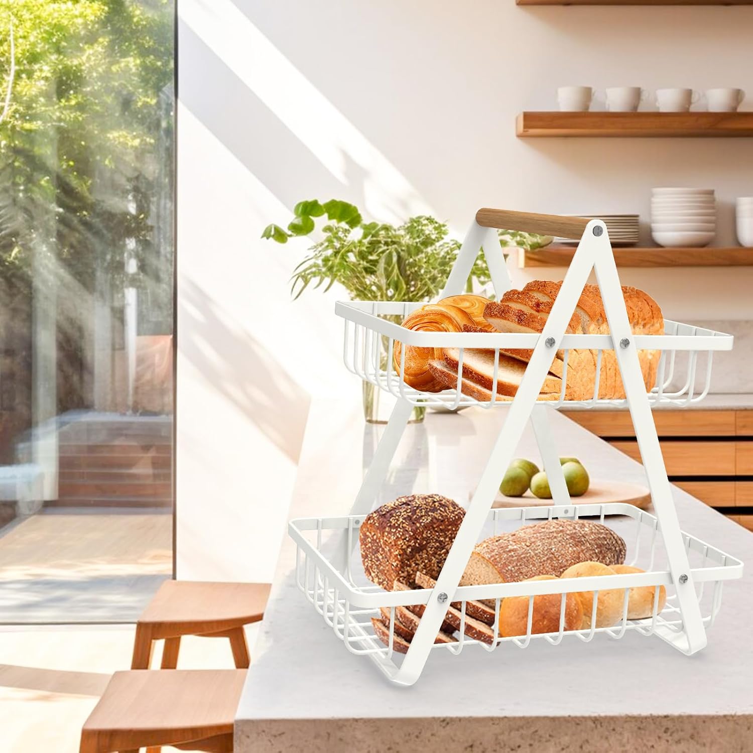 2 Tier Countertop Fruit Basket,Portable Fruit Bowle Basket for Kitchen Organizer Storage & Dining Room Fruits Vegetable Bread Snacks,MAHUEEOL Detachable Metal Rectangle Basket Storage - PuriLite