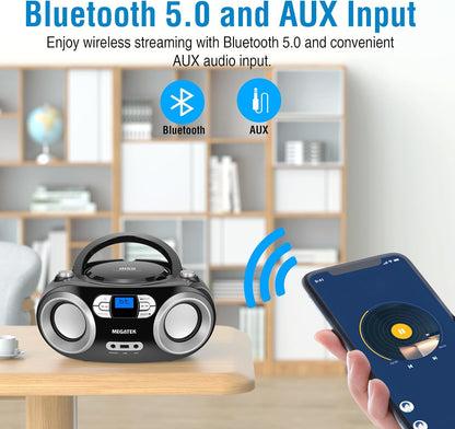 MEGATEK Portable CD Player Boombox with FM Radio, Bluetooth, USB Port, AUX Input, and Headphone Jack – CD-R/CD-RW/MP3-CD Compatible, Clear Stereo Sound, Backlit LCD Display – Black - PuriLite