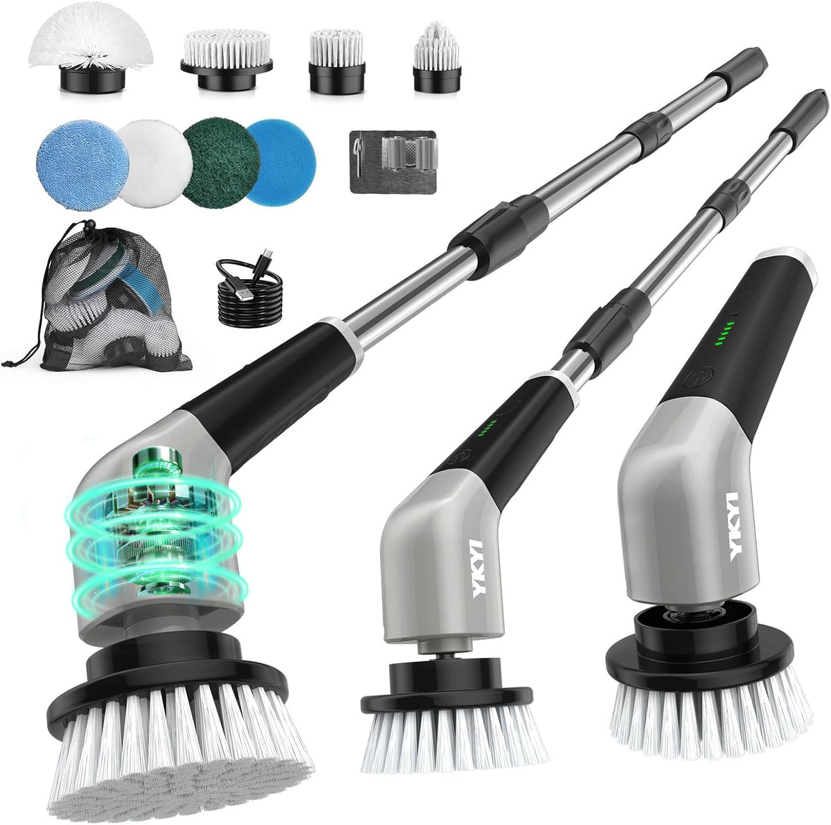 YKYI Electric Spin Scrubber,Cordless Electric Cleaning Brush,Shower Scrubber with 8 Replaceable Brush Heads,Power Scrubber 2 Adjustable Speeds,Bathroom Brush with Long Handle for Bathtub,Tile,Floor - PuriLite