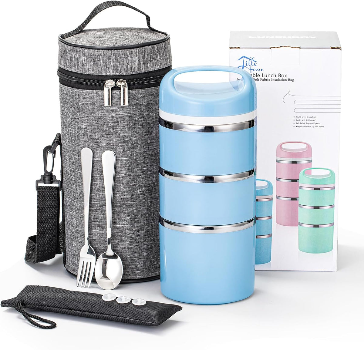 Lille Home Stackable Stainless Steel Thermal Compartment Lunch/Snack Box, 3-Tier Insulated Bento/Food Container with Lunch Bag, Cutlery Set and 3 Extra Seals, 43OZ (Gray) - PuriLite
