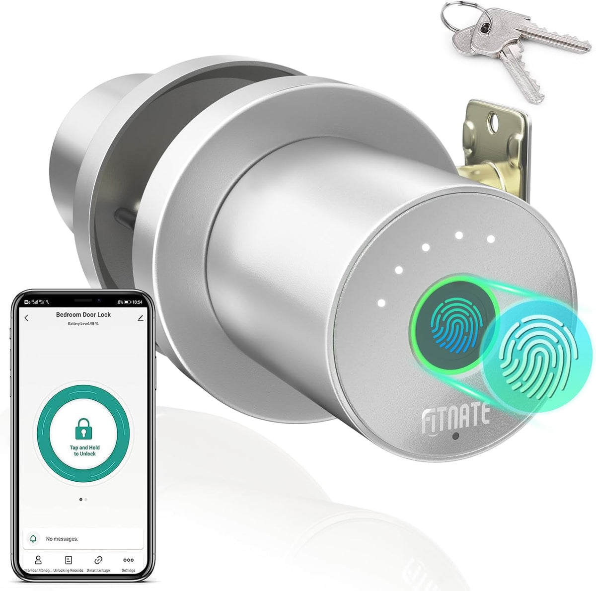 FITNATE Fingerprint Door Knob, Smart Biometric Door Lock with App Control, Keyless Entry Door Knob with Bluetooth Digital Code, Touch to Open Knob for Bedroom,Home,Hotel,Office, Black - PuriLite