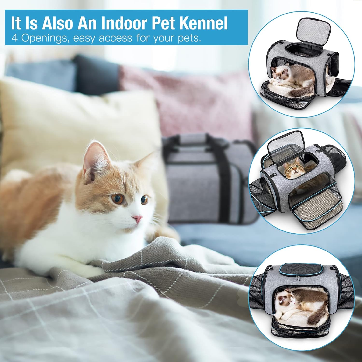 Siivton Cat Carrier,4 Sided Expandable Pet Carrier for Travel,Collapsible Soft-Sided Carriers with Removable Fleece Pad and Shoulder Straps,Airline Approved(17.5"x 11"x 11") - PuriLite