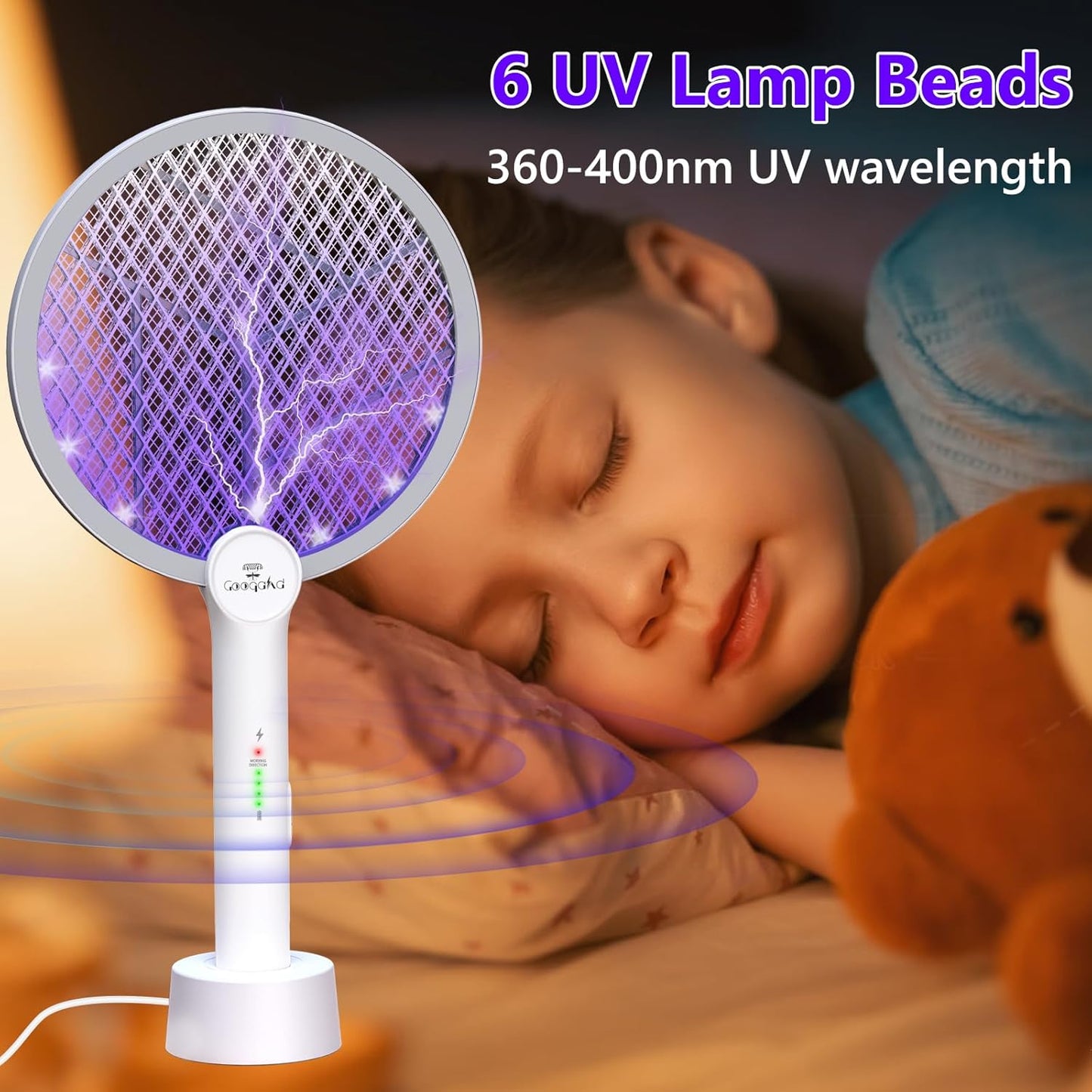 Gooqand Bug Zapper Racket, 2 in 1 Electric Fly Swatte with 3 Layer Safety Mesh, 4000V Fly Zapper with USB Rechargeable, Indoor Outdoor Fly Racket for Bedroom, Kitchen, Camping - PuriLite