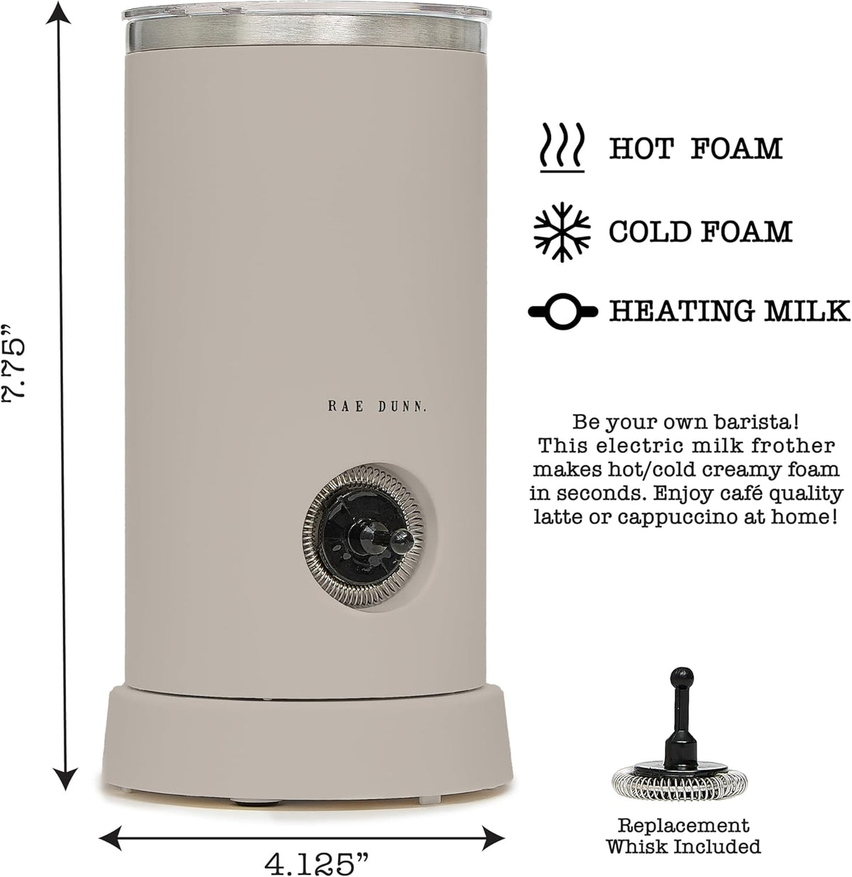 Rae Dunn - Electric Milk Frother - Elegant Automatic Milk Steamer and Frother, Milk Warmer, Hot and Cold Frothing Machine for Coffee, Latte, Cappuccino, Macchiato, - PuriLite